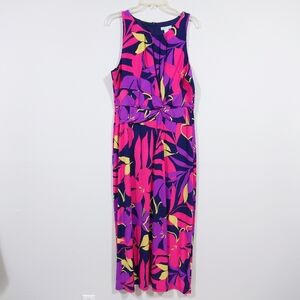 London Times Floral Midi Dress Women Size 16 Bright Pink Purple Knot Waist Summe